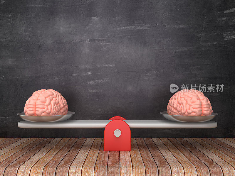 跷跷板规模与人类大脑在黑板背景- 3D渲染
